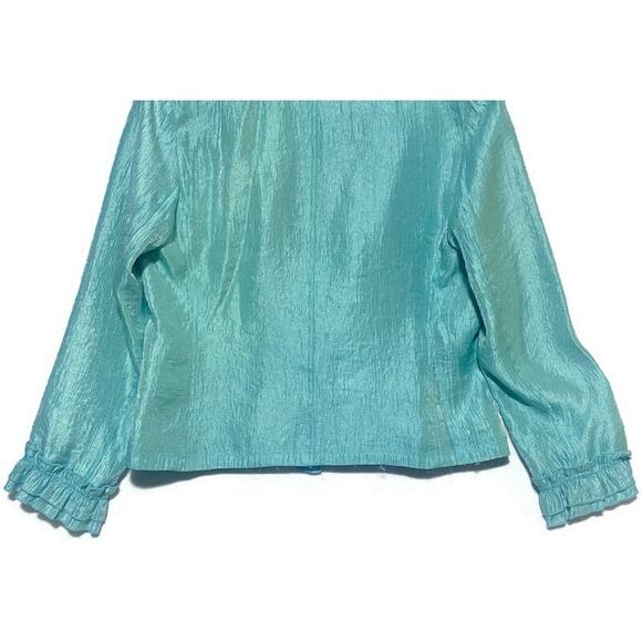 Rafael Turquoise Jacket Women's Size 14 Lined Lightweight Ruffled Trim Front Tie - Picture 8 of 8